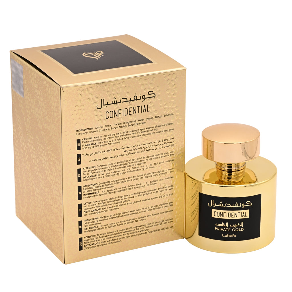 Confidential Private Gold by Lattafa perfume for unisex EDP 3.3 / 3.4 oz. New in Box